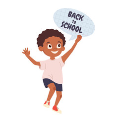 Cute cartoon dark-skinned schoolboy, holding sign with Back to school quote. Cheerful boy waving. Vector pupil character illustration perfect for education materials, kids designs and projects