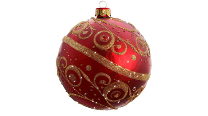 A vibrant red Christmas ornament adorned with intricate golden swirls and sparkles, suspended against a neutral background, evoking festive cheer and holiday spirit