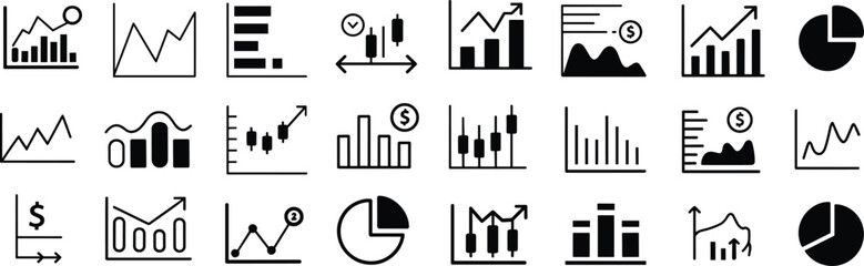 Graph chart icons, data visualization set, financial analysis symbols, line bar pie candlestick, infographic vector pack, business report graphics