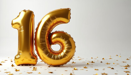Golden number 16 balloons float against clean white background scattered with star confetti. Shiny, three-dimensional balloons symbolize celebration, success, milestones like birthdays anniversaries.