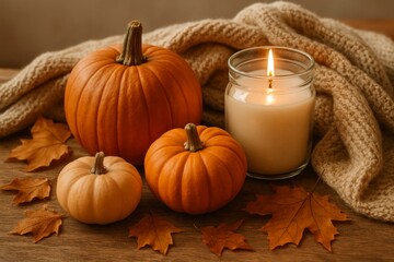 Autumn Still Life with Pumpkins, Candle and Blanket – Cozy Home Decor