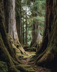 Trail in Forest Moss covered trees guide the path. Backdrop for natural wellness