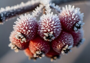 Icy frost crystals covering a cluster of wild red berries in winter