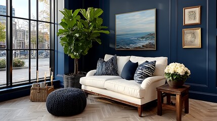 Blue living room interior filled with plants high resolution picture
