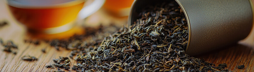 Loose tea leaves spilling from tin onto wooden surface with tea cups in background