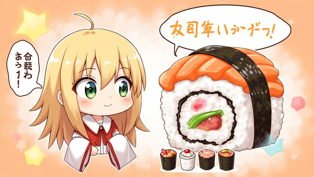 Niedliche Anime-Illustration mit Sushi