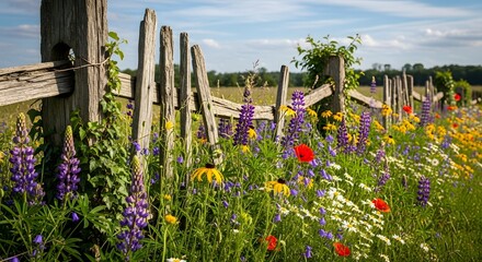 Serene summer meadow with vibrant wildflowers along a rustic wooden fence
