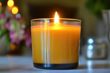 macro shot of lit candle in glass holder, with warm wax glowing softly in cozy ambiance