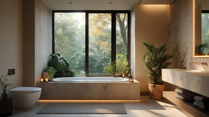 Fototapeta premium Serene Bathroom Oasis with a View: The bathroom is bathed in natural light, with a tranquil view of lush greenery from the expansive window. This harmonious space is designed for relaxation.