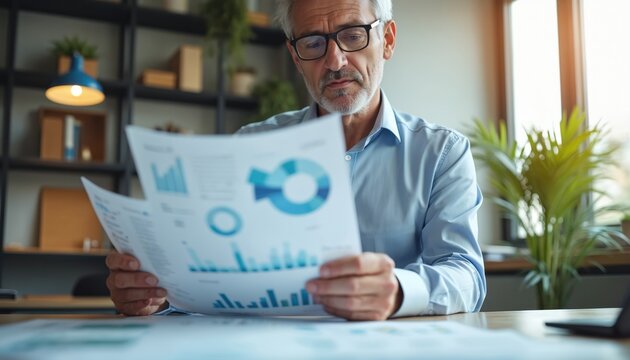 Mature executive in blue shirt, glasses analyzes financial reports, charts in modern office. Senior businessman reviews data, graphs, documents at desk with laptop. Focused pro working with business