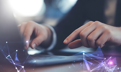 Digital Touch: Hands actively engaging with a tablet, illuminated by ambient lighting, symbolizing modern connectivity and technology's embrace.
