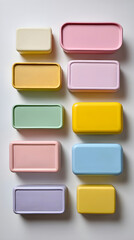 Collection of colorful rectangular pencil cases arranged neatly on a white background