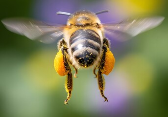 A busy honeybee in flight carrying large yellow pollen sacs