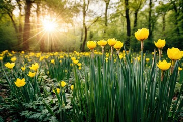 Fototapeta premium Sunny yellow flowers bloom in a forest glade
