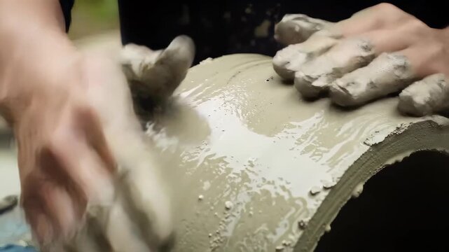 Close Up of Hands Shaping Wet Clay on Pottery Wheel in Studio with Gray Material