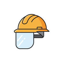 A bright orange construction hard hat with a clear protective face shield, symbolizing safety and industrial work.