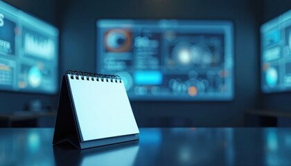 Blank desk calendar sits on reflective table in futuristic office. Large digital screens with data graphs, charts fill background, creating high-tech atmosphere. Image suggests innovation, planning,