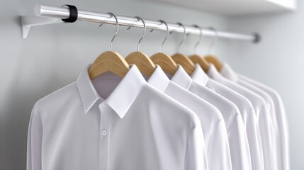 Row of white shirts hanging on a clothesline. The shirts are all neatly folded and hanging on a rack