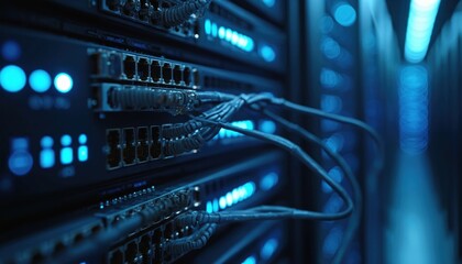 Modern server room with glowing blue lights on computer racks, data cables connected to network switches. High-tech infrastructure supports advanced computing, data storage, secure communication