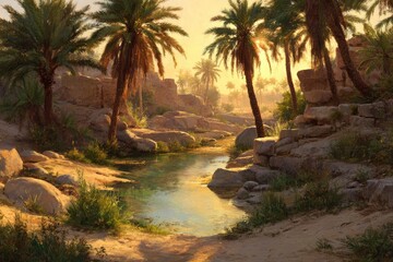 Desert oasis bathed in golden sunlight