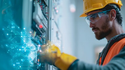 Electrician wearing yellow hard hat and safety glasses working on electrical panel with digital circuit overlay