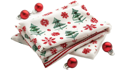 A festive arrangement featuring decorative holiday napkins adorned with Christmas trees and snowflakes, complemented by shiny red ornaments, ideal for seasonal dining and celebrations