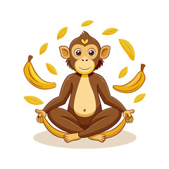 Peaceful monkey meditating with floating bananas around, zen jungle vibe, mindfulness vector art, playful tropical illustration