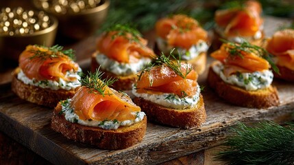 Smoked salmon crostini appetizers served on a rustic wooden board, close-up