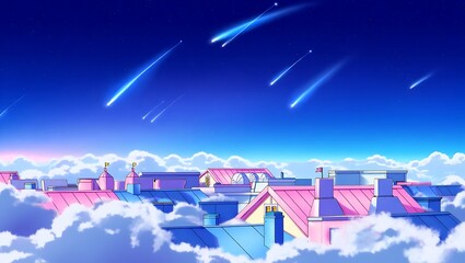 Anime Style Rooftops Above Clouds with Shooting Stars in a Deep Blue Sky