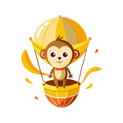 Playful Monkey Flying in Banana Shaped Hot Air Balloon | Whimsical Cartoon Animal Adventure Vector Illustration for Kids and Fun Projects