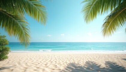 Fototapeta premium Framed by lush green palm fronds, this tranquil beach scene offers soft white sand and clear turquoise ocean waves meeting the shore under a bright, cloudless blue sky.