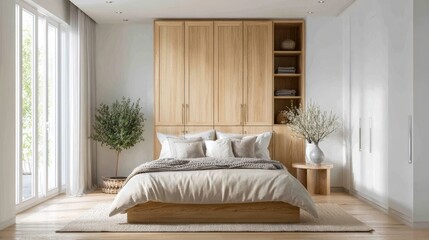 Obraz premium Elegant bedroom with light wooden tones and simple decor, isolated on a white background