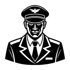 Illustration of a pilot in uniform with cap and tie in black and white