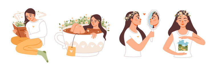 Flat vector illustration of woman practicing mindfulness and relaxation. Perfect for health, wellness, and lifestyle concepts. Mental health. Flat vector illustration set.