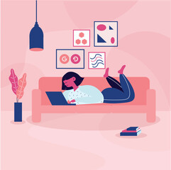 Female User Relaxing on Sofa with Laptop, Home Workspace Illustration