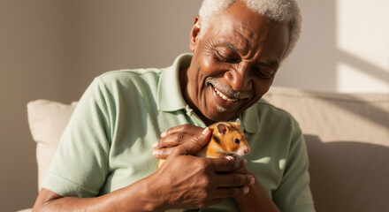Happy senior african american man holding a cute hamster. Smiling elderly black person gently petting a small rodent at home.