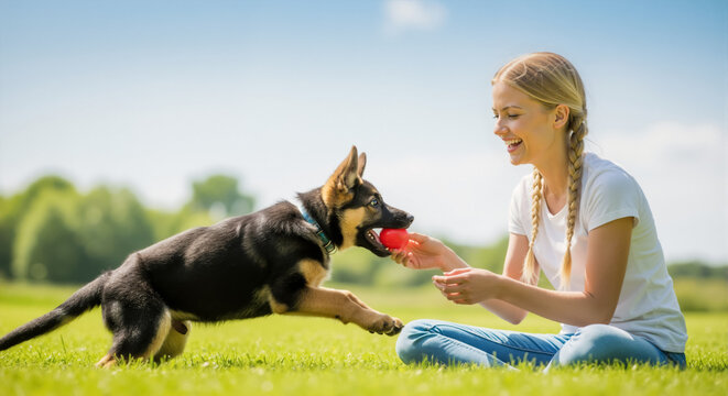 Young woman playing with a german shepherd puppy in a park. Happy blonde girl sitting on the grass and giving a red ball to her dog.