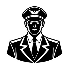 Illustration of a pilot wearing a hat with wings and a suit in black