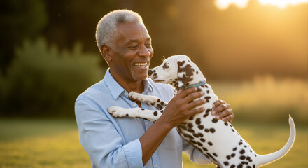 Happy senior african american man holding a dalmatian puppy outdoors. Smiling elderly black person playing with his cute spotted dog at sunset.