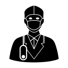 Illustration of a doctor wearing a mask and stethoscope in black and white