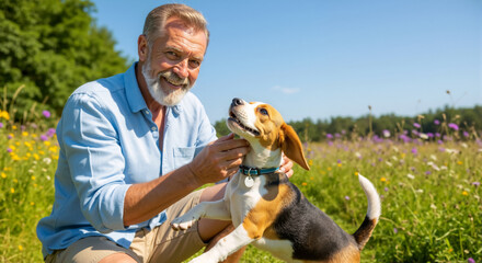Happy senior man with a beard petting a beagle dog in a flower meadow. Smiling elderly person looking at the camera with his pet in a summer field.
