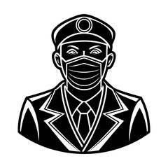 Illustration of a man in uniform wearing a face mask in black and white