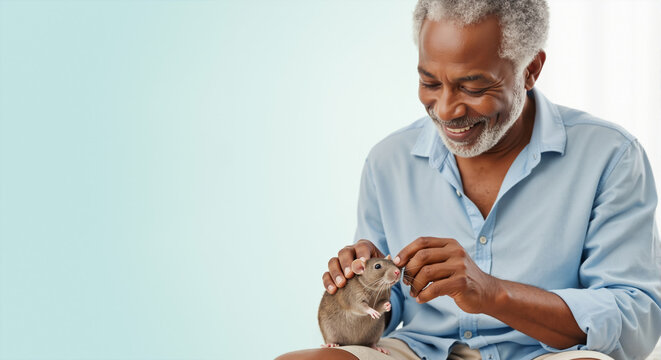 Smiling senior african american man petting a cute brown rat. Elderly black person gently interacting with a small rodent. Copy space for text.