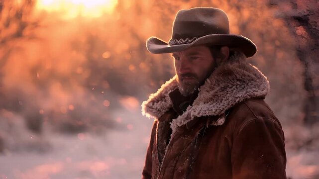 A man in a cowboy hat and fur coat stands against a backdrop of a sunset. The mans face is partially obscured by the hats brim, and he appears to be lost in thought.