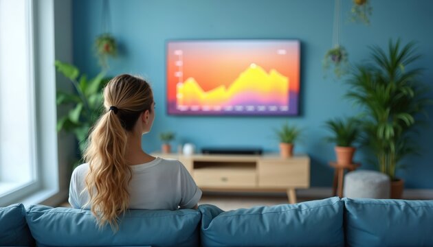 Woman watches energy usage graph displayed on living room wall via television. Sits on blue sofa in modern home interior with plants. Financial data visualization for home energy consumption