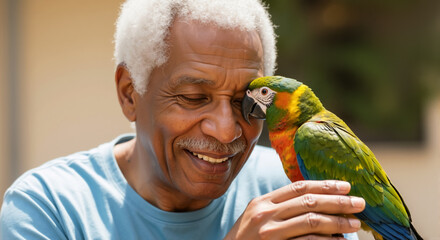 Happy senior african american man with a parrot nuzzling his cheek. Smiling elderly black person enjoying an affectionate moment with his pet bird.