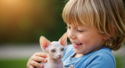 Obraz premium Happy little boy holding a sphynx kitten outdoors. Smiling caucasian child with blonde hair gently embracing a hairless cat. Copy space for text.