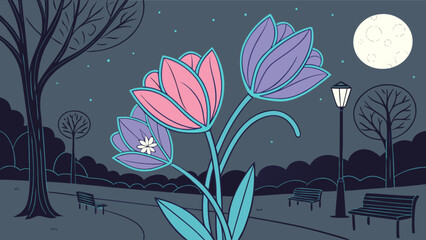 Night park scene with flowers under moonlight and street lamp illustration vector graphic design art