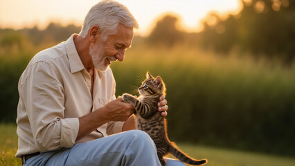 Happy senior man playing with a tabby kitten outdoors at sunset. Smiling elderly person with his cute pet cat in a field.
