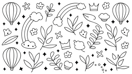 Fototapeta premium Outlined drawing of balloons, rainbows, crowns, flowers, leaves, and stars in a scattered arrangement